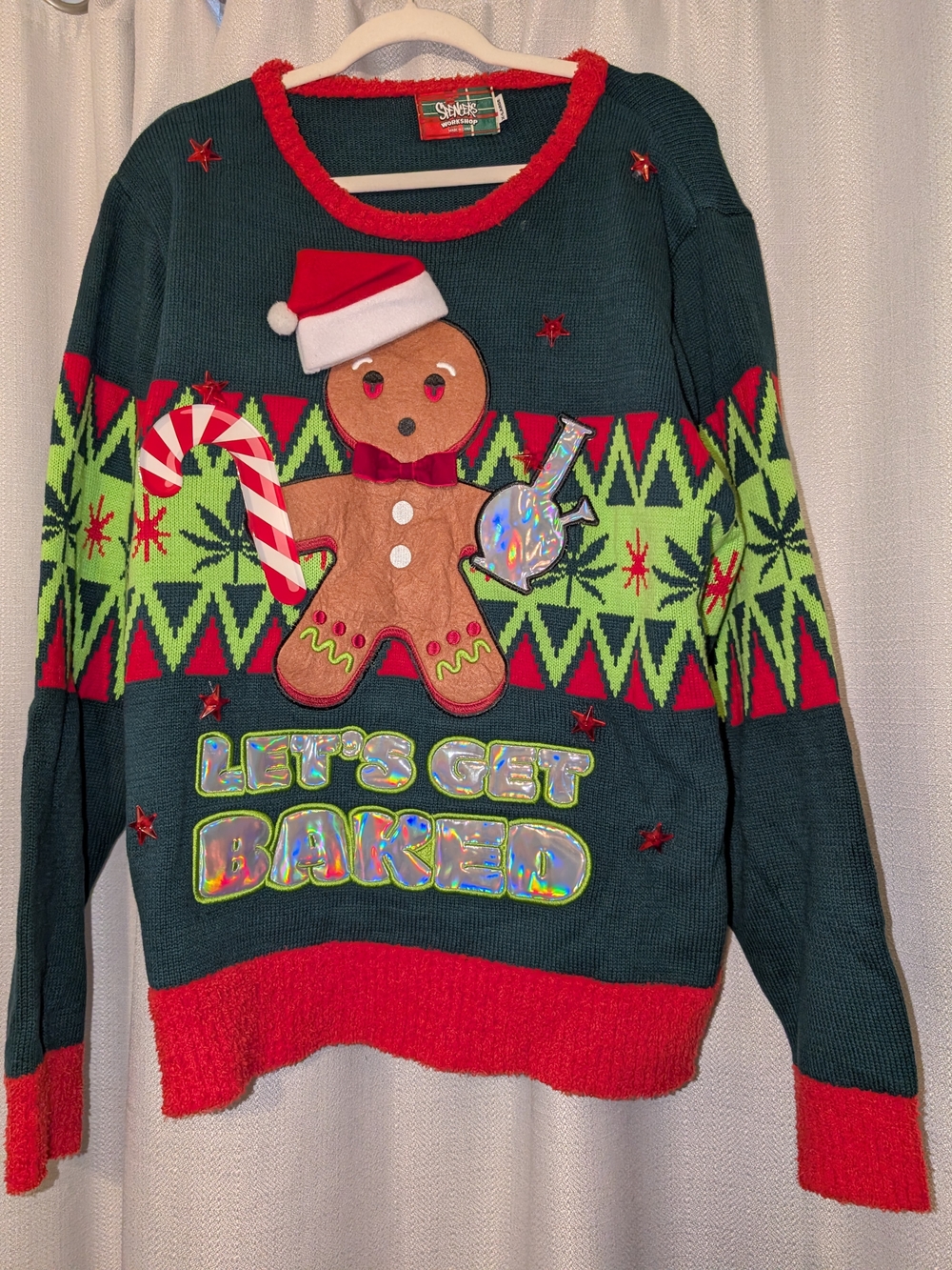 Let's Get Baked Green & Red Holiday Sweater - Novelty Gingerbread Knit XL